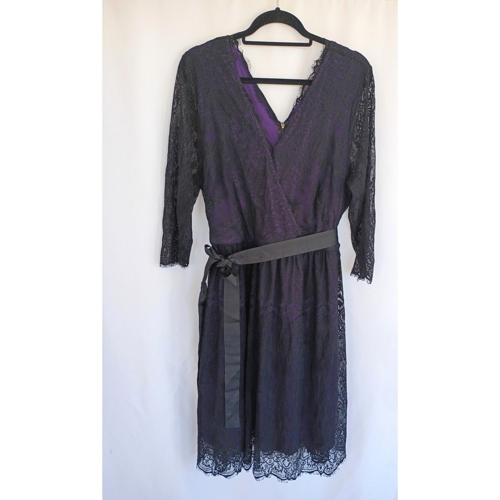 Lane Bryant Black Lace Faux Wrap Midi Dress 24 Belted Whimsigoth Overlay‎ V-Neck